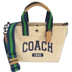 Coach 1941 Canvas Tote Bag Khaki Tan with Green Navy Strap Logo Patch Crossbody